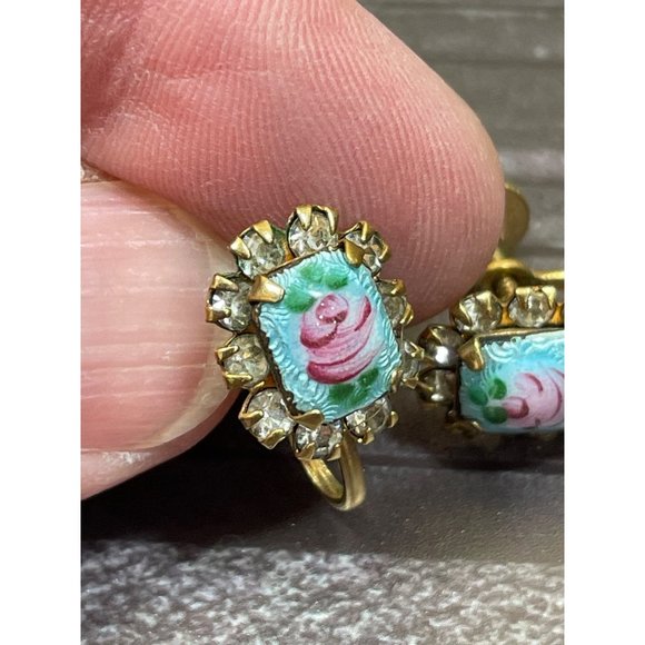 Vintage Antique Guilloche Enamel Rose Rhinestone Screw Back Earring Set - Picture 3 of 10